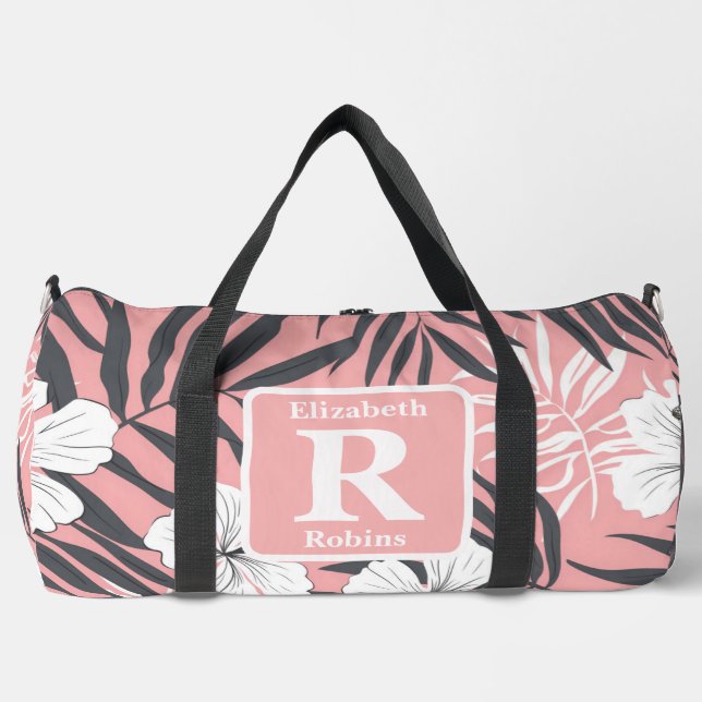 Tropical pink hibiscus personalised Monogram  Duffle Bag (Front)