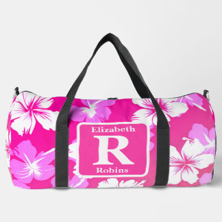 Tropical pink hibiscus personalised Monogram  Duffle Bag