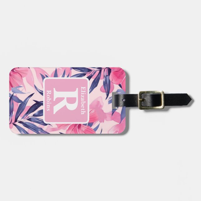 Tropical pink hibiscus personalised Monogram Luggage Tag (Front Horizontal)