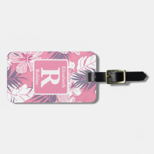 Tropical pink hibiscus personalised Monogram Luggage Tag