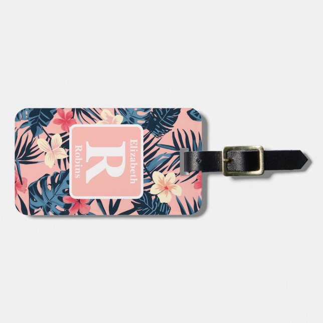 Tropical pink hibiscus personalised Monogram Luggage Tag (Front Horizontal)