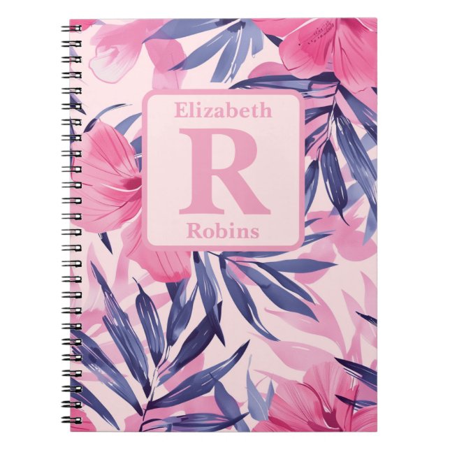 Tropical pink hibiscus personalised Monogram Notebook (Front)