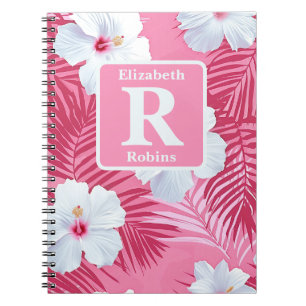 Tropical pink hibiscus personalised Monogram Notebook