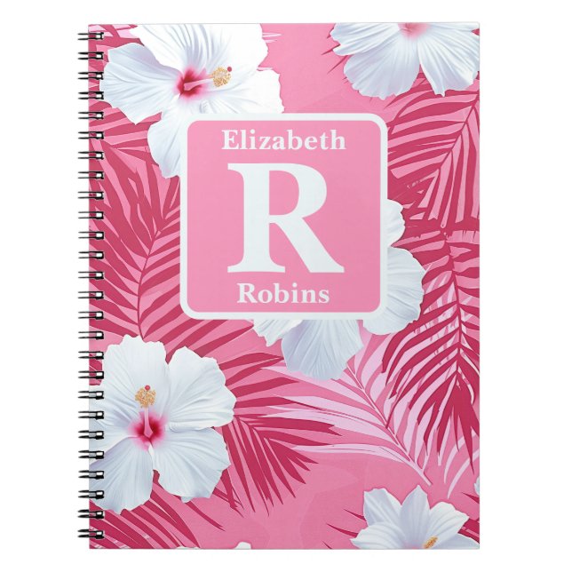 Tropical pink hibiscus personalised Monogram Notebook (Front)