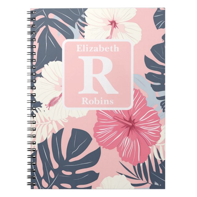 Tropical pink hibiscus personalised Monogram Notebook (Front)