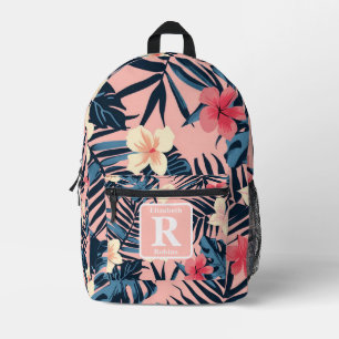 Tropical pink hibiscus personalised Monogram Printed Backpack
