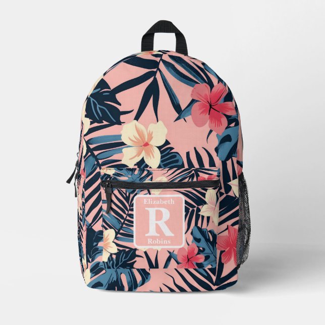 Tropical pink hibiscus personalised Monogram  Printed Backpack (Front)
