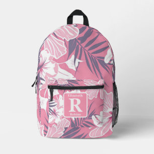 Tropical pink hibiscus personalised Monogram Printed Backpack