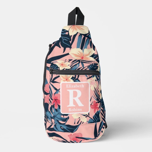 Tropical pink hibiscus personalised Monogram  Sling Bag (Front)