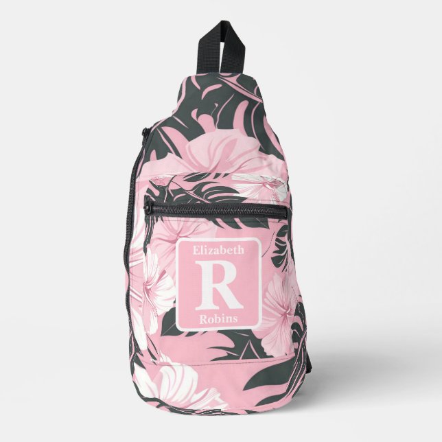 Tropical pink hibiscus personalised Monogram  Sling Bag (Front)