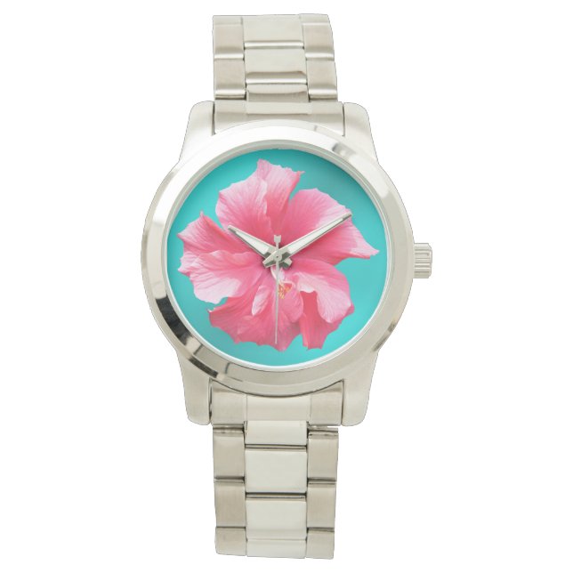 Tropical Pink Hibiscus Turquoise Blue Watch (Front)