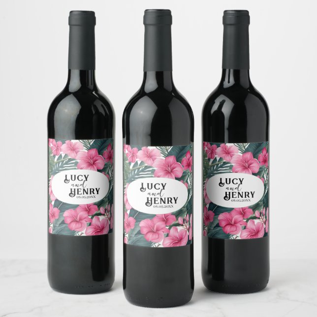 Tropical Pink Holiday Floral Print Wedding Wine Label (Bottles)
