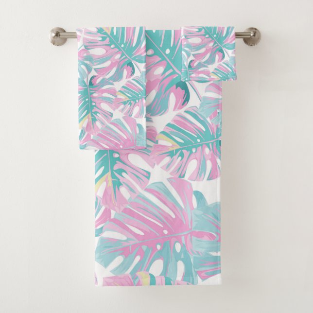Tropical Pink Leaves Bath Towel Set (Insitu)