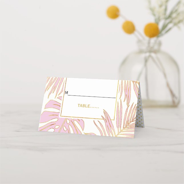 Tropical pink leaves modern wedding folded escort place card (Front)
