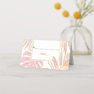 Tropical pink leaves modern wedding folded escort place card