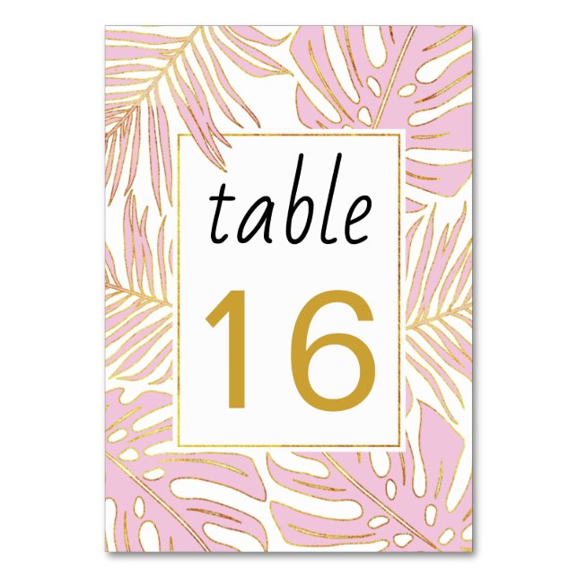 Tropical pink leaves with gold outline wedding table number (Front)