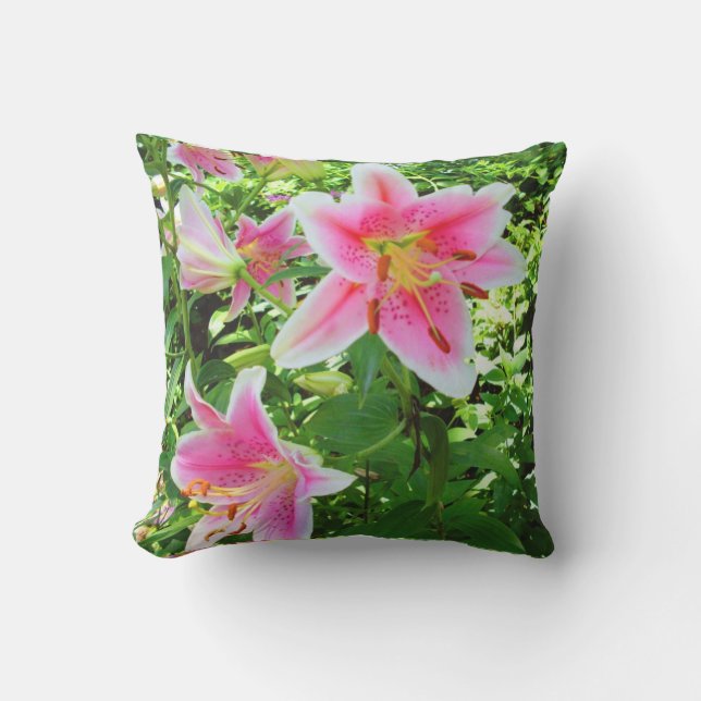 Tropical Pink Lilies and Green Leaves Cushion (Front)