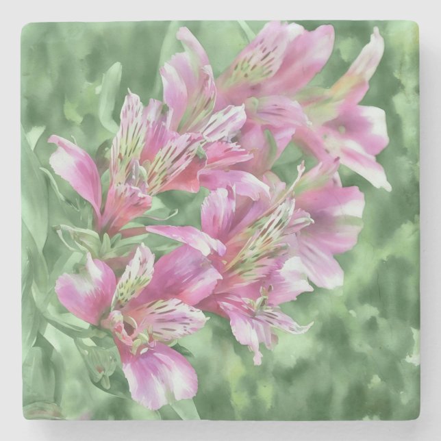 Tropical Pink Lily Flowers Garden Art Marble Stone Coaster (Front)