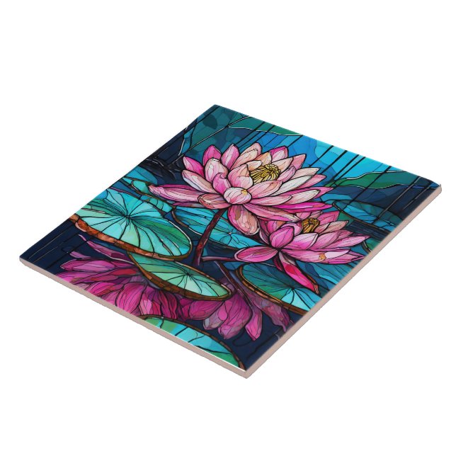 tropical Pink lotus 1 stained glass art Tile (Side)