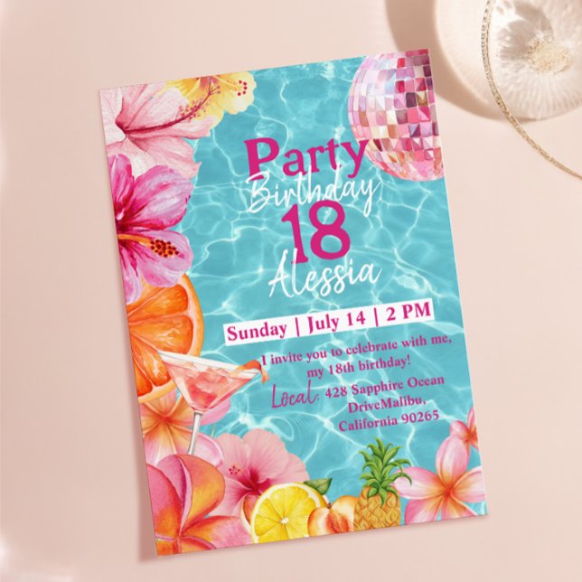 Tropical Pink Martini Poolside Birthday Invitation (Tropical Pink Martini Poolside Birthday Invitation)