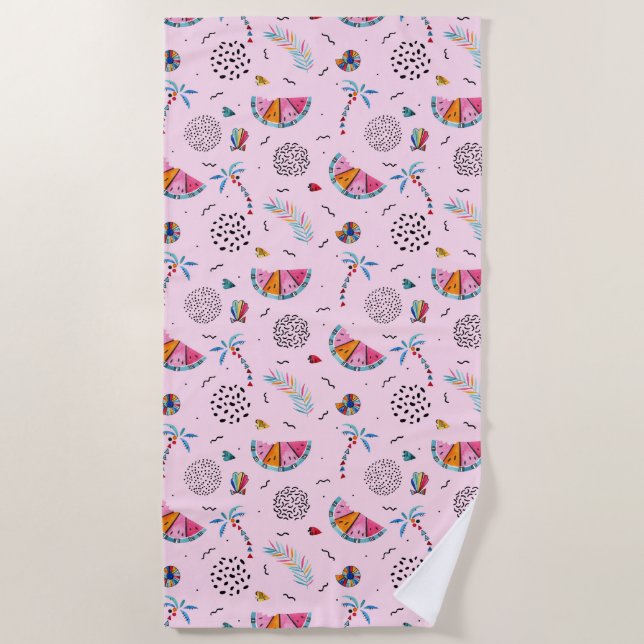 Tropical Pink Memphis Style Pattern Beach Towel (Front)