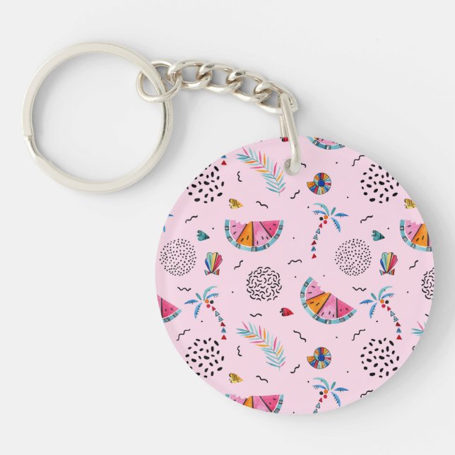 Tropical Pink Memphis Style Pattern Key Ring (Front)
