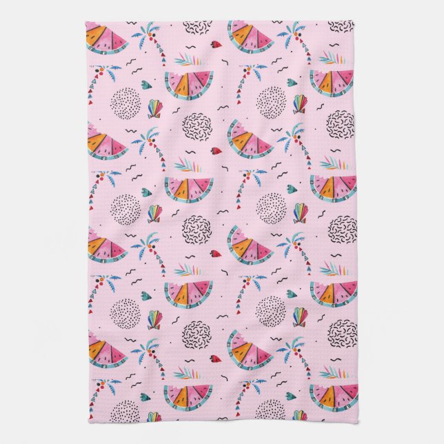 Tropical Pink Memphis Style Pattern Tea Towel (Vertical)