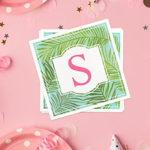 Tropical Pink Monogram Aqua Palm Leaves Napkin