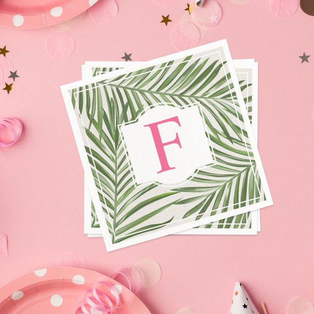 Tropical Pink Monogram Green Palm Leaves Napkin (Creator Uploaded)