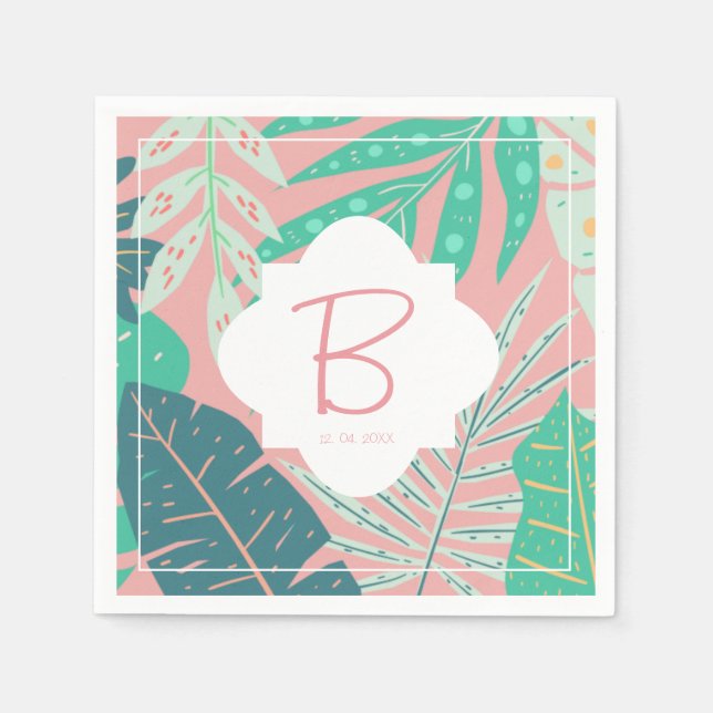 Tropical Pink Monogram Green Palm Leaves Napkins (Front)