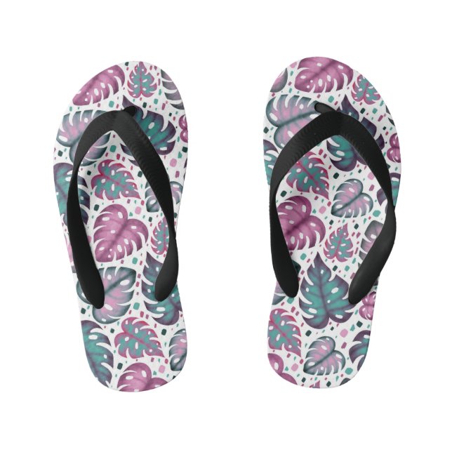 Tropical Pink Monstera Leaves Kid's Flip Flops (Footbed)