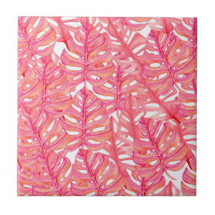 Tropical Pink Monstera Plant Leaves Tile