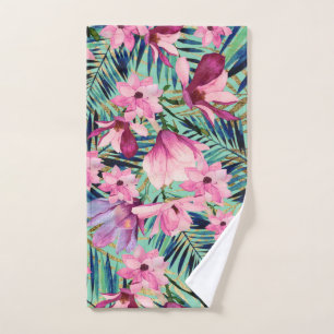 Tropical pink navy blue aqua gold modern floral hand towel