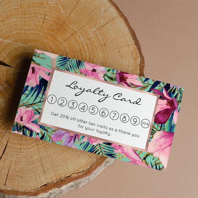 Tropical pink navy blue aqua gold modern floral loyalty card (Tropical pink navy blue aqua gold modern floral loyalty card )