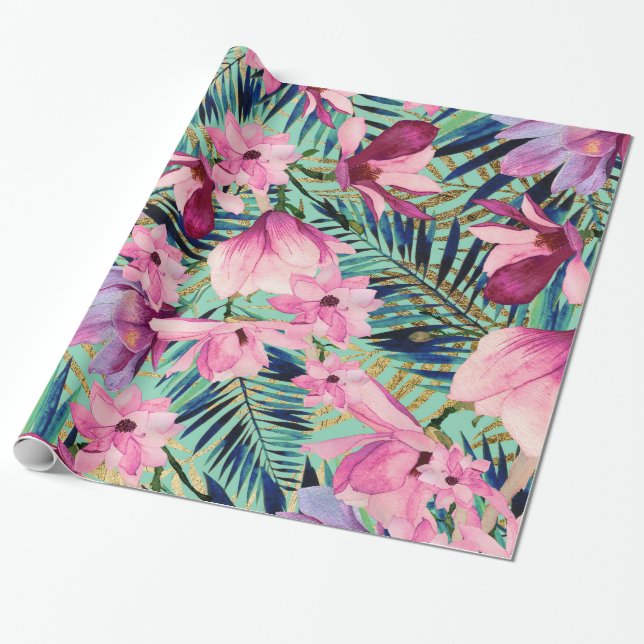 Tropical pink navy blue aqua gold modern floral wrapping paper (Unrolled)