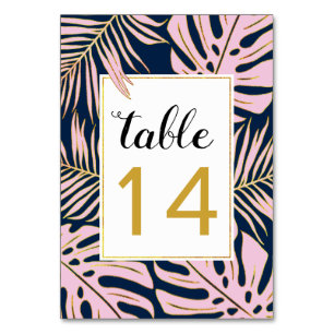 Tropical pink navy leaves, gold outline wedding table number