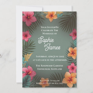 Tropical Pink Orange Hibiscus Dark Green Wedding Invitation