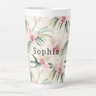 Tropical Pink Orchid Floral Birthday Latte Mug