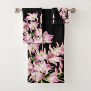 Tropical Pink Orchid Flowers Black Bath Towel Set