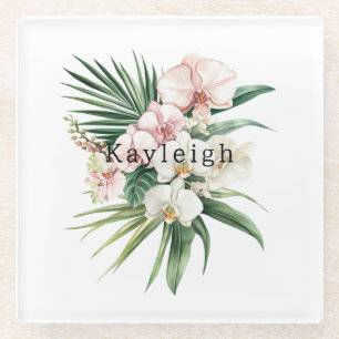 Tropical Pink Orchid Flowers Glass Coaster