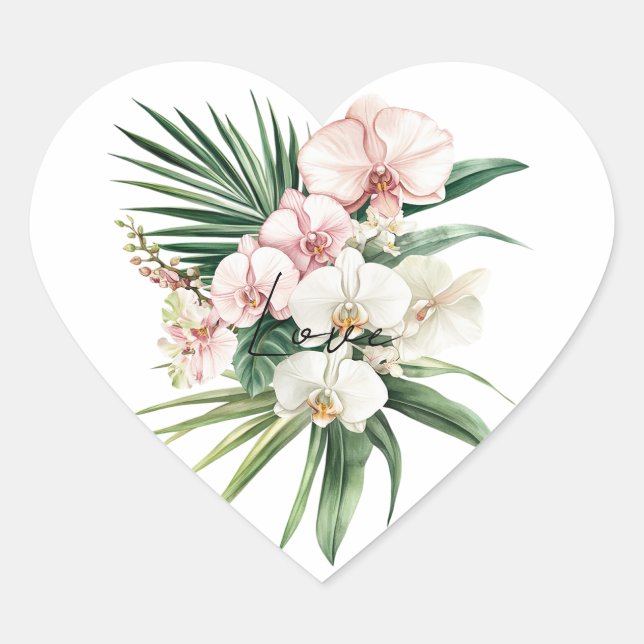 Tropical Pink Orchid Flowers Heart Sticker (Front)