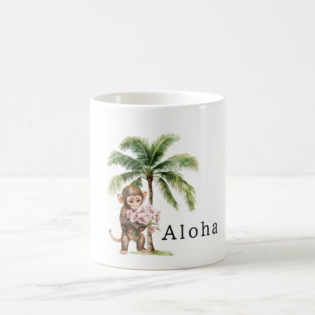Tropical Pink Orchid Flowers Monkey Aloha Coffee Mug (Center)