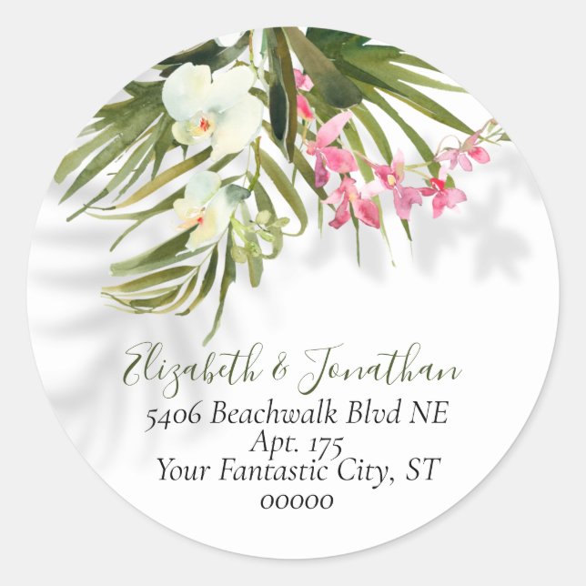 Tropical Pink Orchids & Palms Shadows Address  Classic Round Sticker (Front)