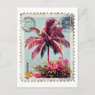 Tropical Pink Palm Postage Stamp Vintage Beach T‑S Postcard