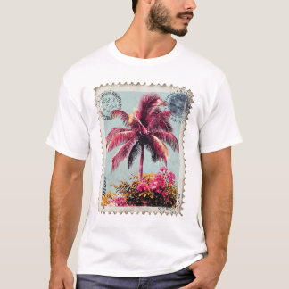 Tropical Pink Palm Postage Stamp Vintage Beach T‑S T-Shirt