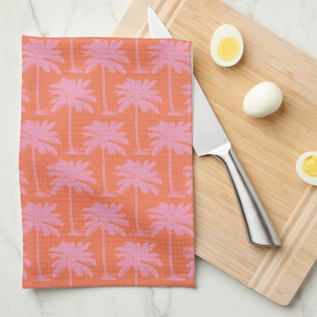 Tropical Pink Palm Tree Costal Nautical Beach Tea Towel (Quarter Fold)