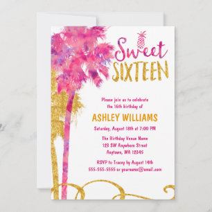 Tropical Pink Palm Tree Faux Gold Glitter Sweet 16 Invitation