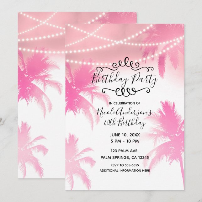 Tropical Pink Palm Trees & Lights Birthday Party Invitation (Front/Back)