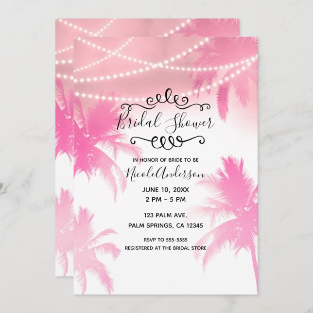 Tropical Pink Palm Trees & Lights Bridal Shower Invitation (Front/Back)