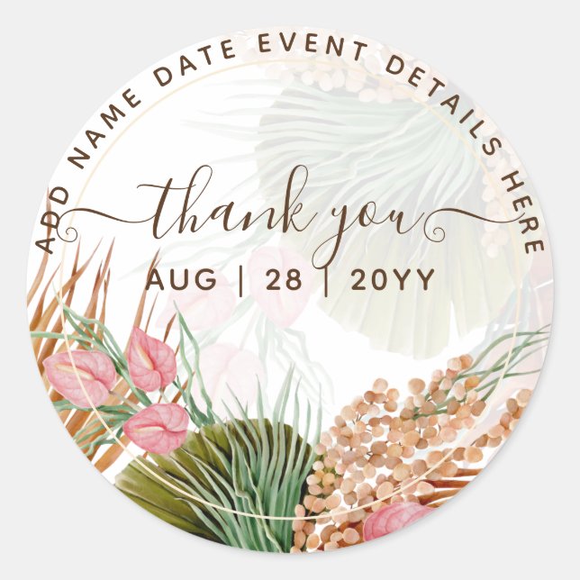  Tropical Pink Pampas Grass Thank You Favour Classic Round Sticker (Front)